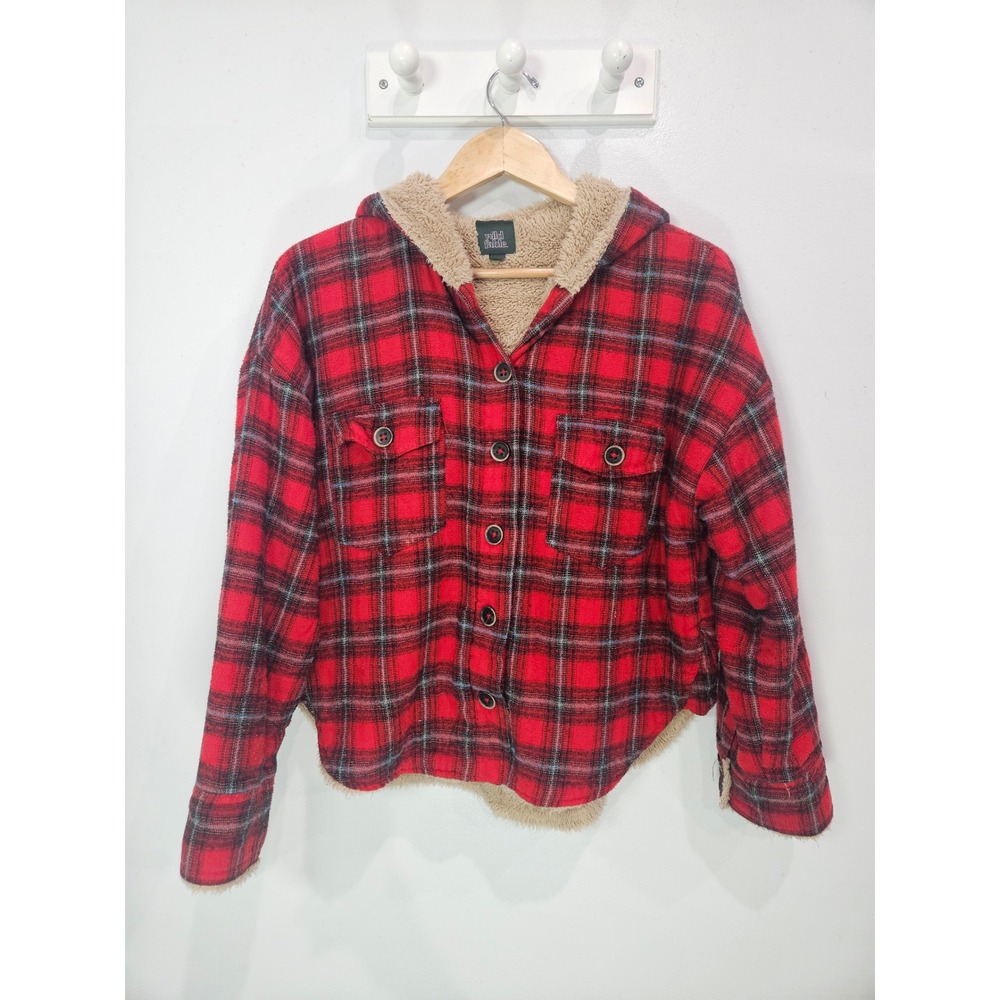 Wild Fable Red Plaid Hooded Flannel Jacket Faux Shearling Lined Medium